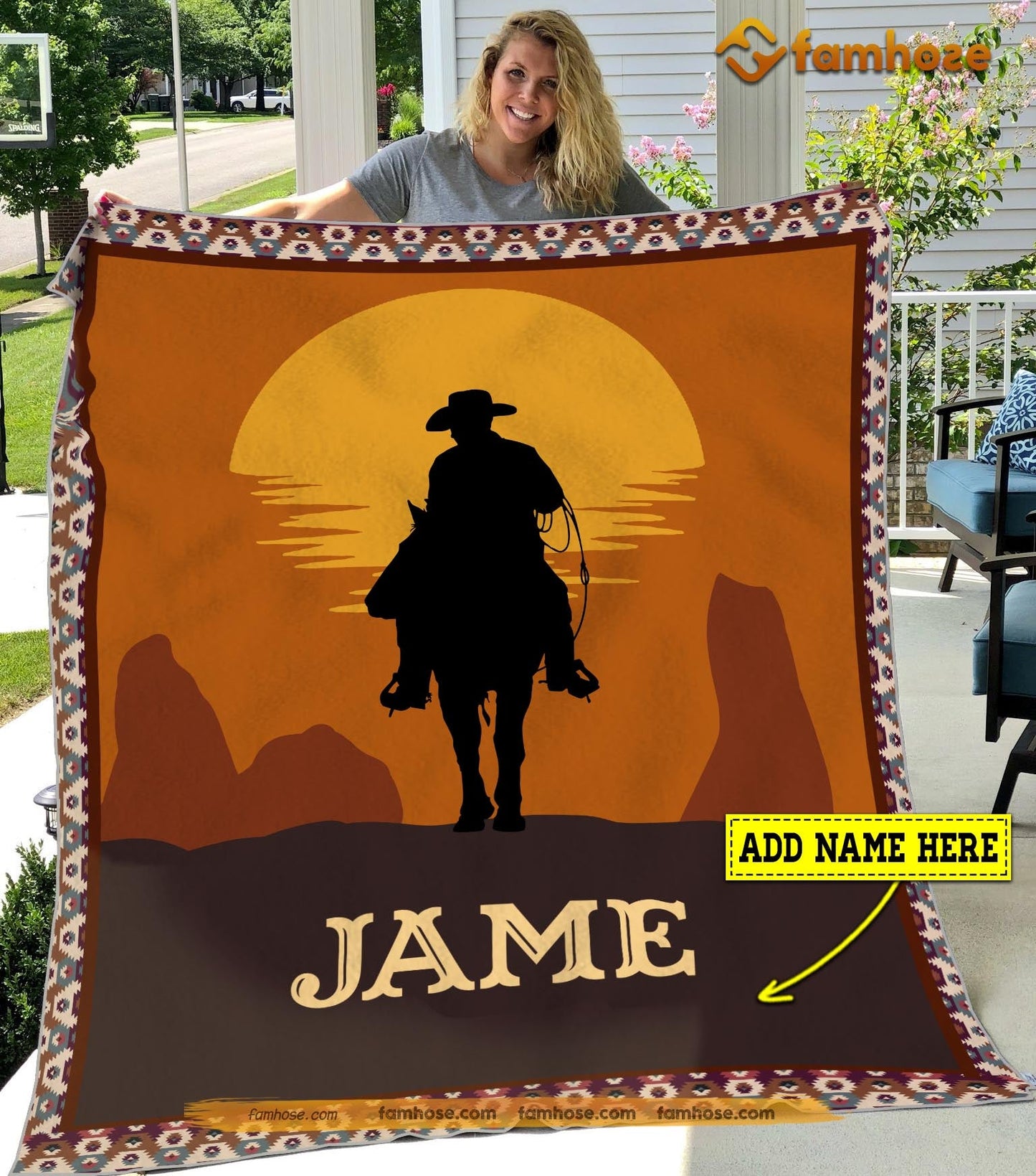 Personalized Cowboy Blanket, Horse Riding Sunset Afternoon Horse Fleece Blanket - Sherpa Blanket Gift For Rodeo Lover