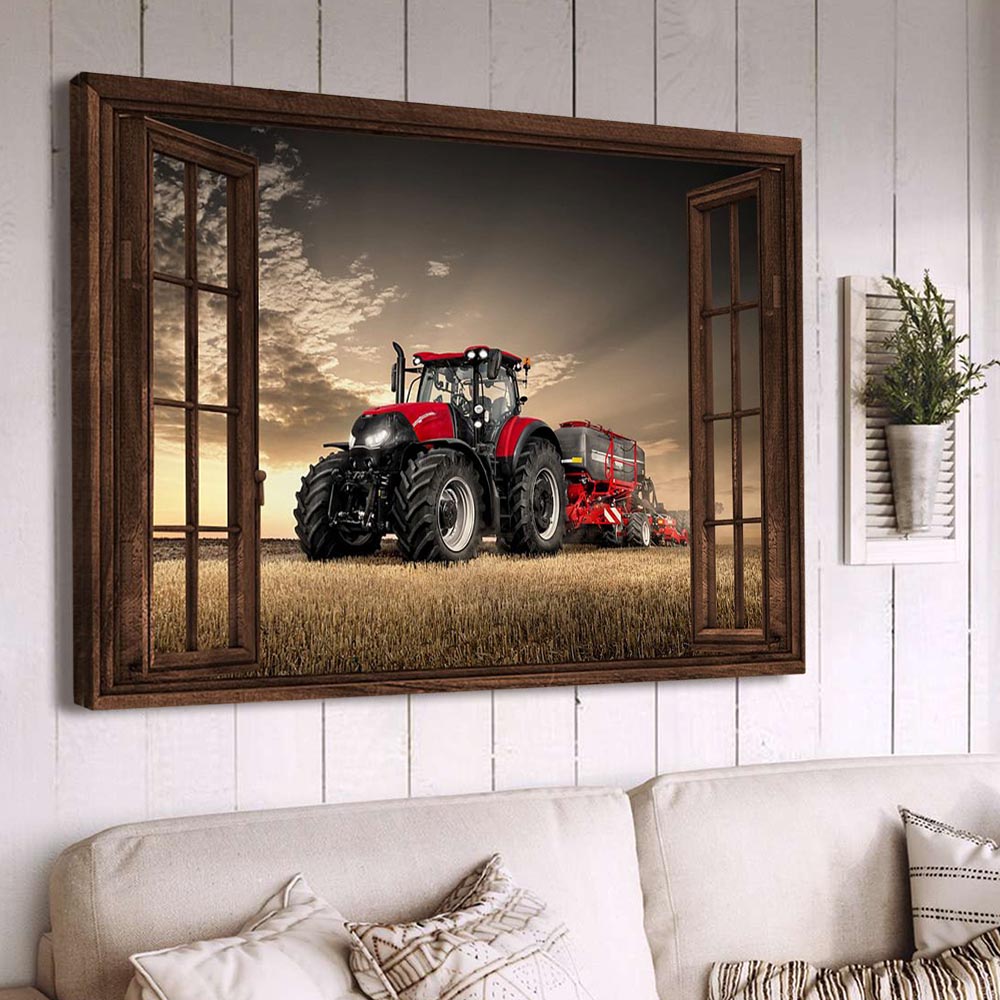 Tractor Poster & Canvas, Red Tractor In Farm, Tractor Canvas Wall Art, Poster Gift For Tractor Lovers