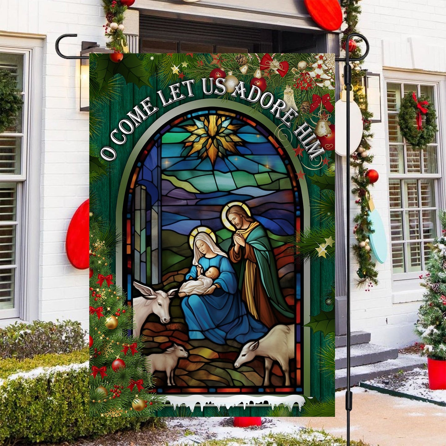 Holy Family O Come Let Us Adore Him Christmas Garden Flag - House Flag, Nativity Religious Winter Jesus Christians Flag Gift