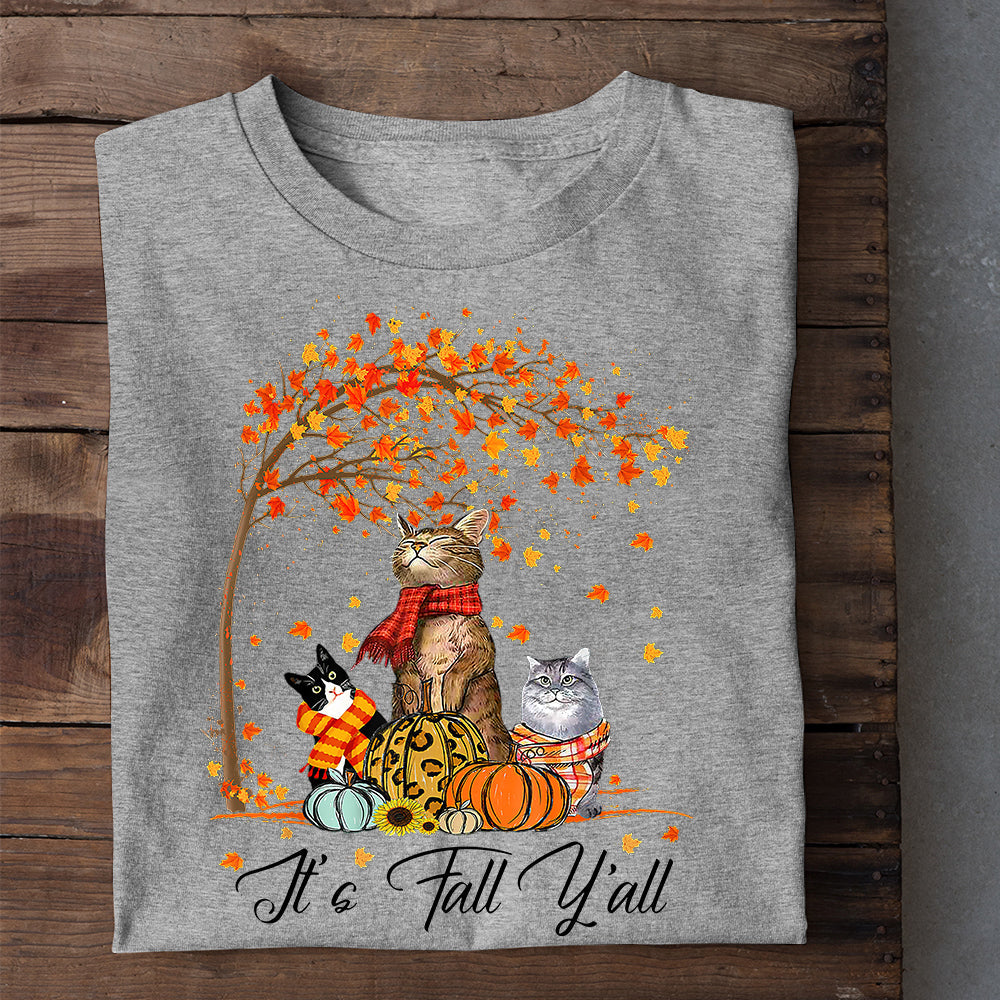 Thanksgiving Cat T-shirt, It's Fall Y'all Cat Under A Tree, Gift For Cat Lovers, Cat Owners, Cat Tees