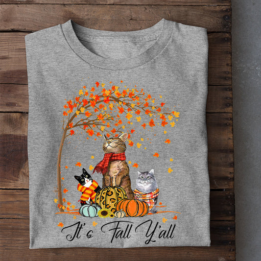 Thanksgiving Cat T-shirt, It's Fall Y'all Cat Under A Tree, Gift For Cat Lovers, Cat Owners, Cat Tees