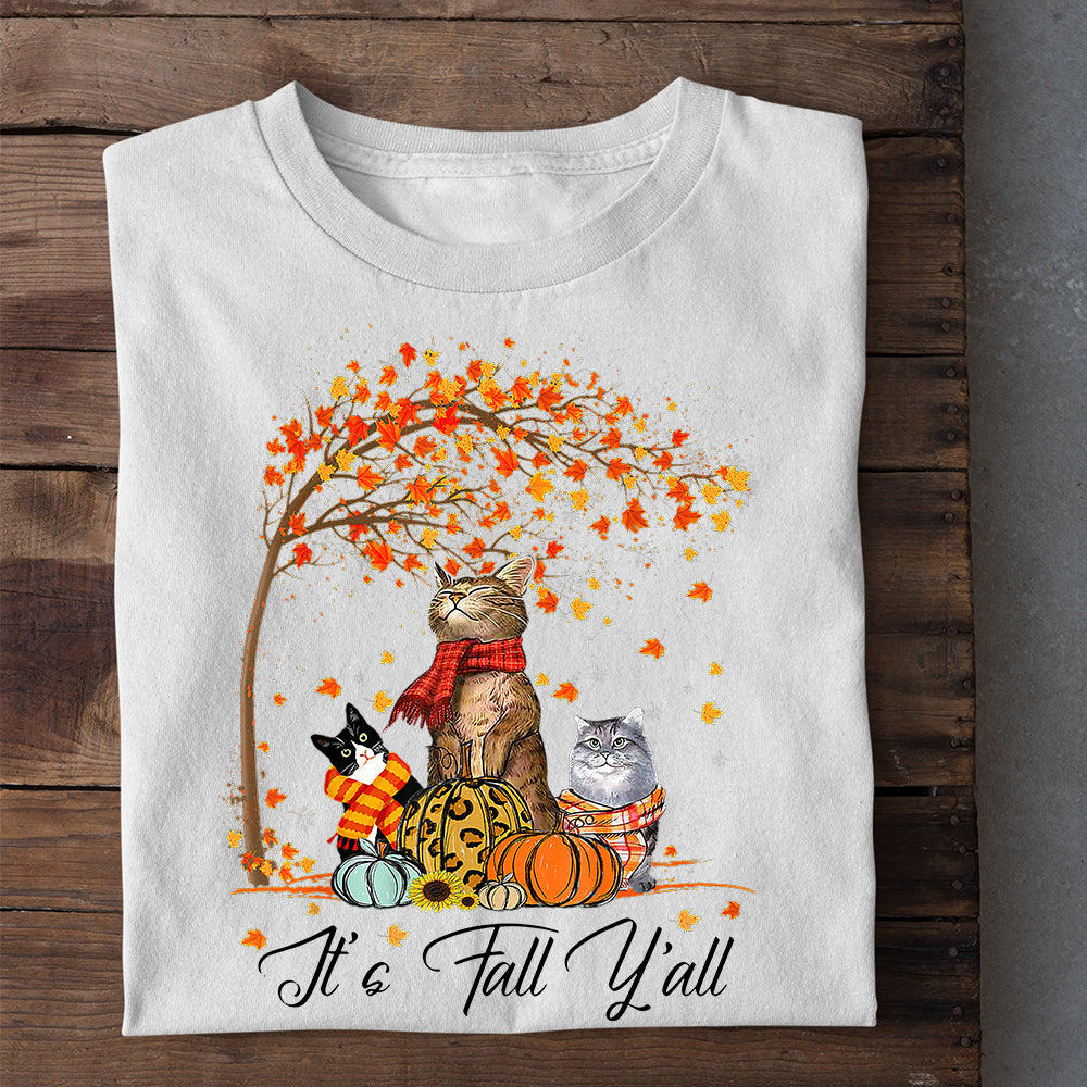 Thanksgiving Cat T-Shirt, It's Fall Y'all Cat Under A Tree, Gift for Cat lovers, Cat Owners, Cat Tees