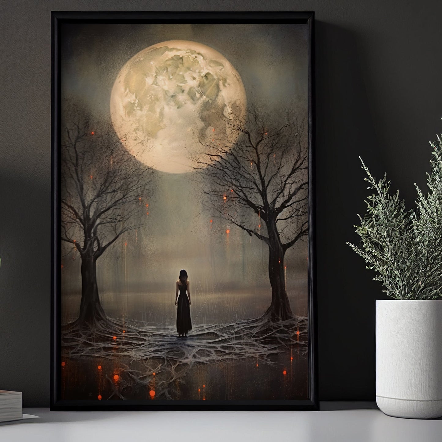 The Girl Under The Moon In The Spooky Forest Canvas Wall Art - Poster Artwork Decoration For Living Room Bed Room