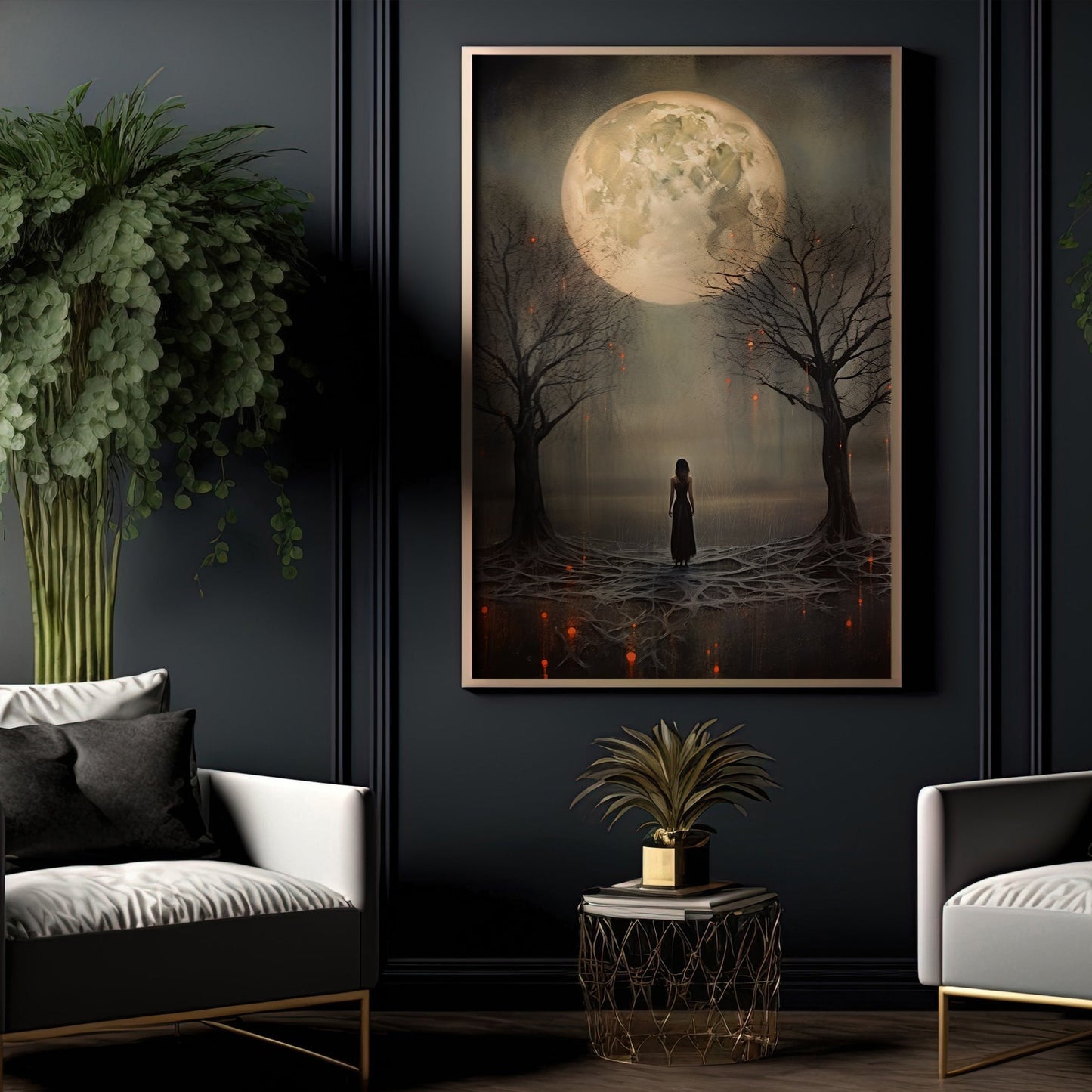 The Girl Under The Moon In The Spooky Forest Canvas Wall Art - Poster Artwork Decoration For Living Room Bed Room