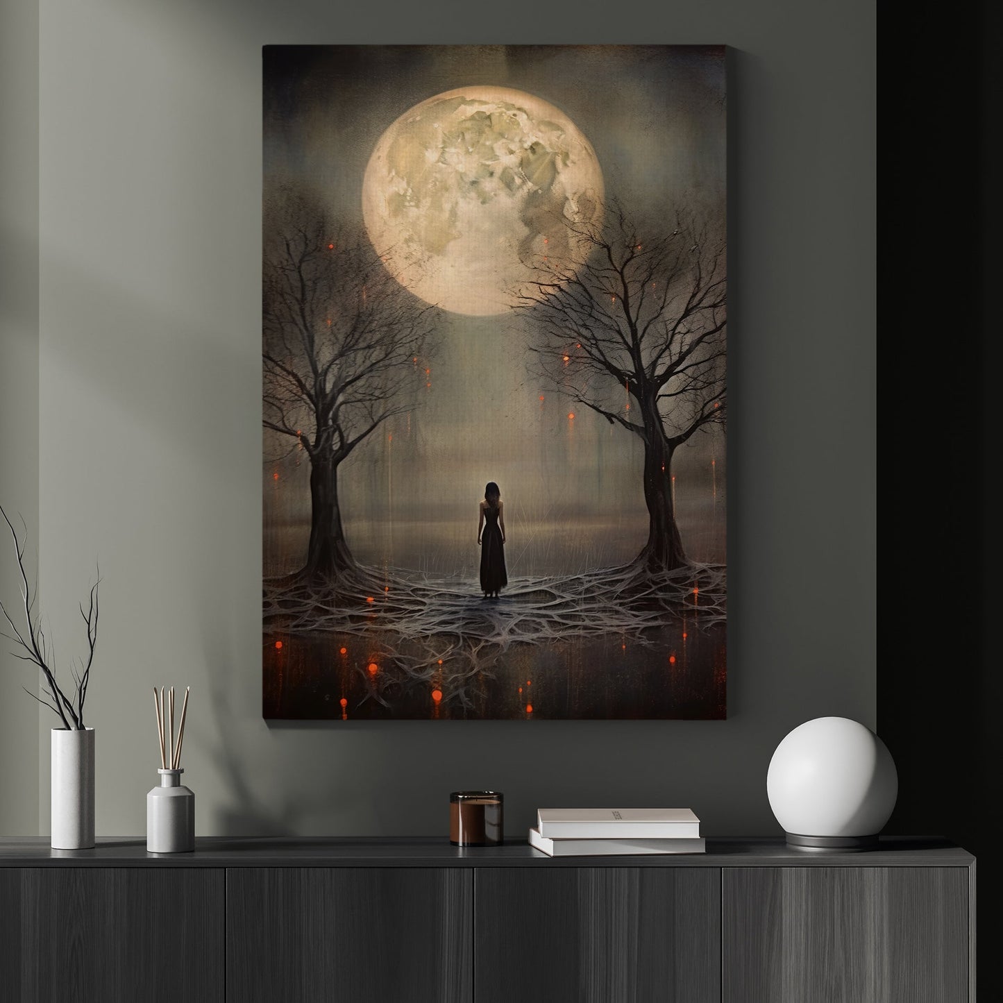 The Girl Under The Moon In The Spooky Forest Canvas Wall Art - Poster Artwork Decoration For Living Room Bed Room