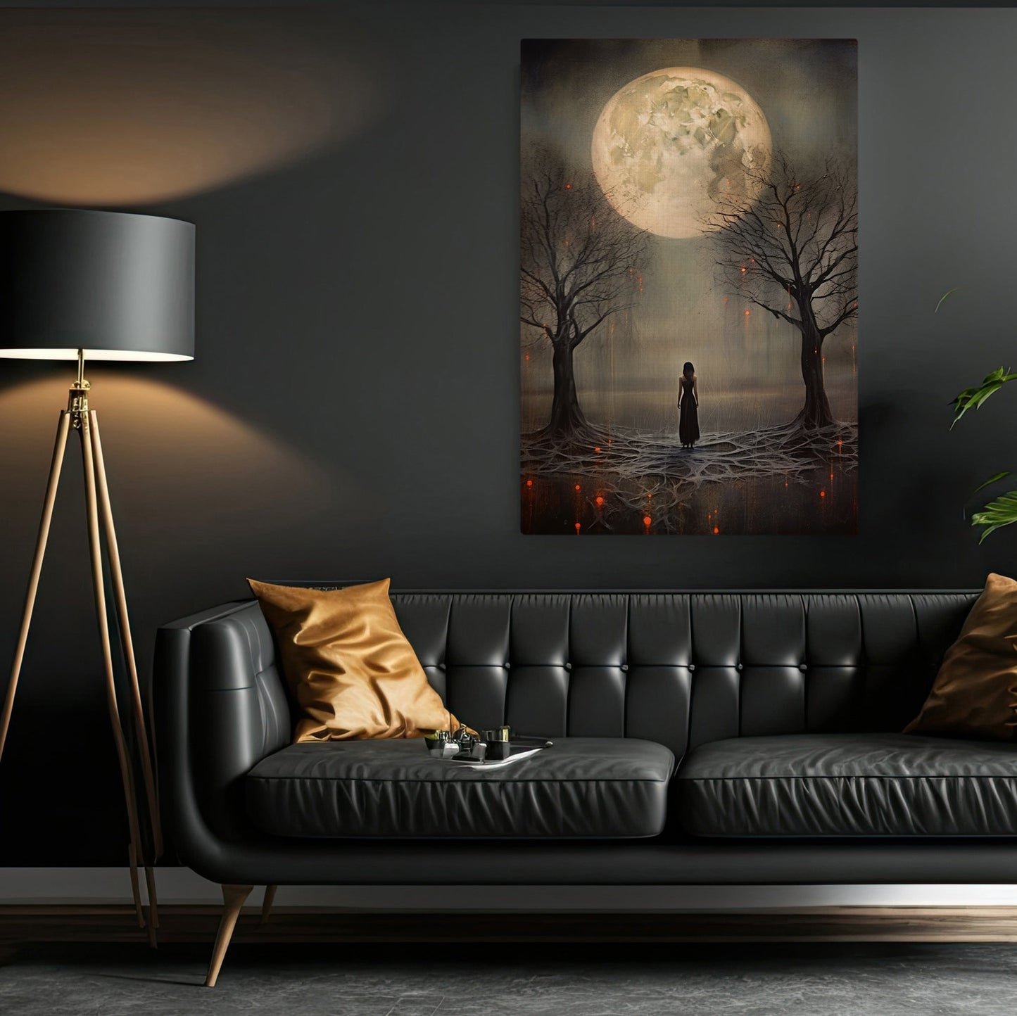 The Girl Under The Moon In The Spooky Forest Canvas Wall Art - Poster Artwork Decoration For Living Room Bed Room