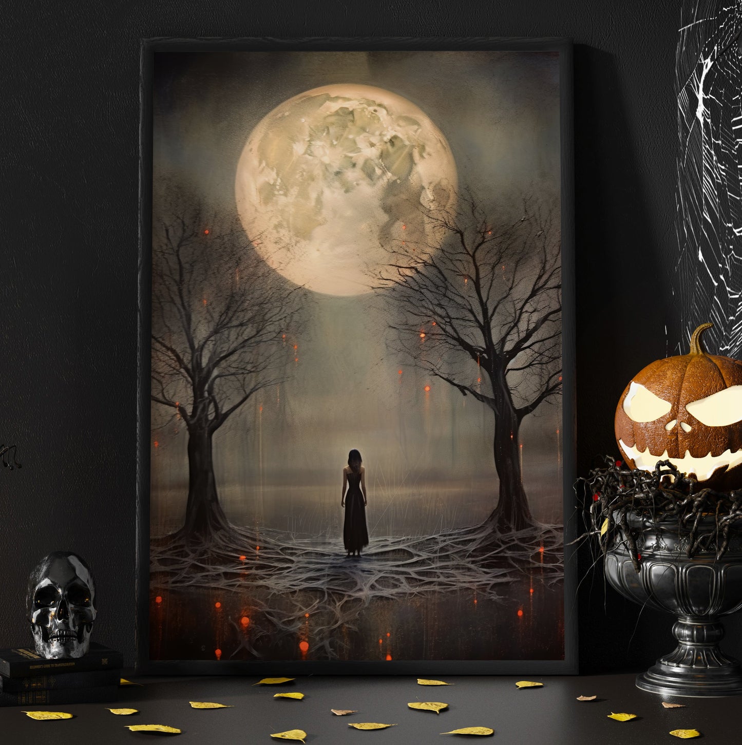 The Girl Under The Moon In The Spooky Forest Canvas Wall Art - Poster Artwork Decoration For Living Room Bed Room