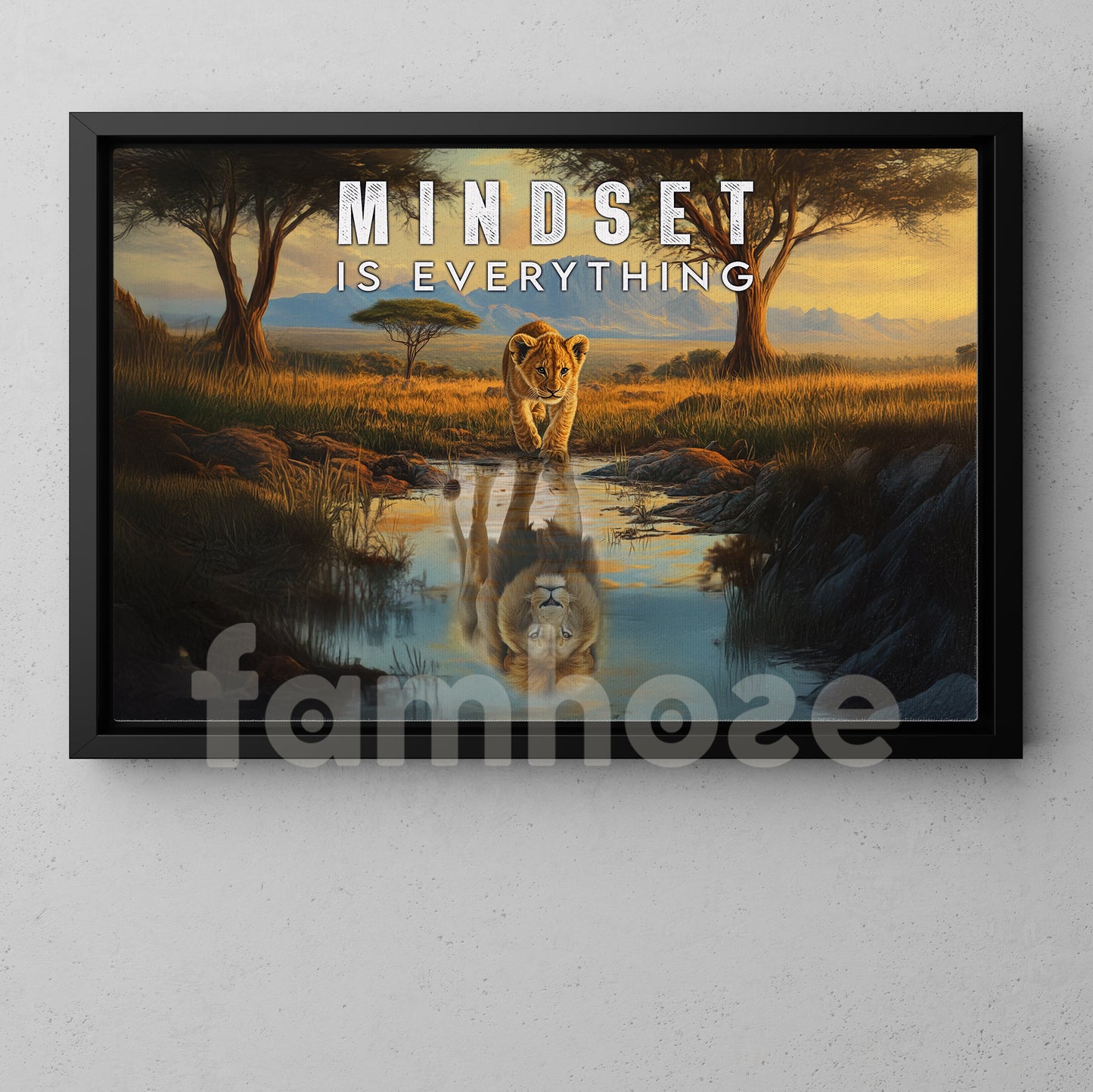 A Lion’s Reflection of Confidence Canvas Painting, Mindset Is Everything, Motivational Wall Art, Poster Gift for Decoring Office, Living Room, or Workspace