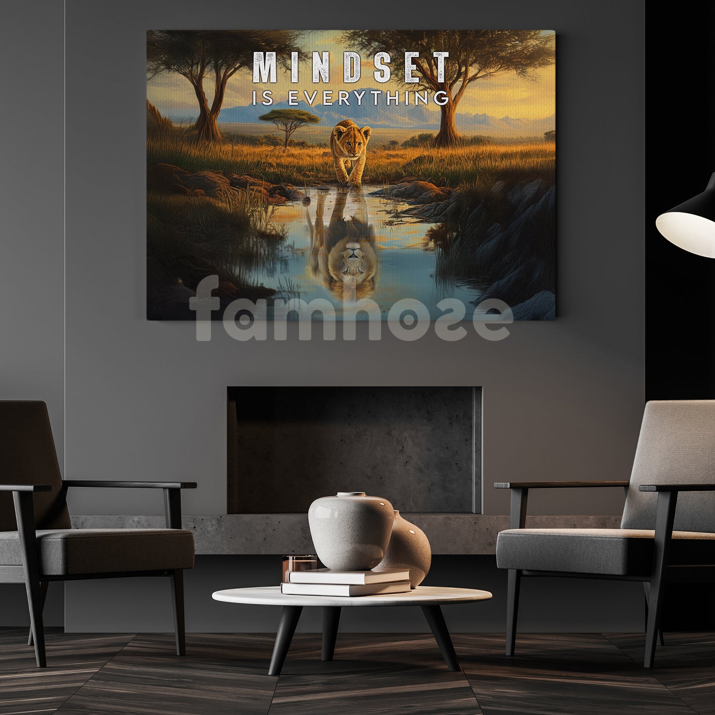 A Lion’s Reflection of Confidence Canvas Painting, Mindset Is Everything, Motivational Wall Art, Poster Gift for Decoring Office, Living Room, or Workspace
