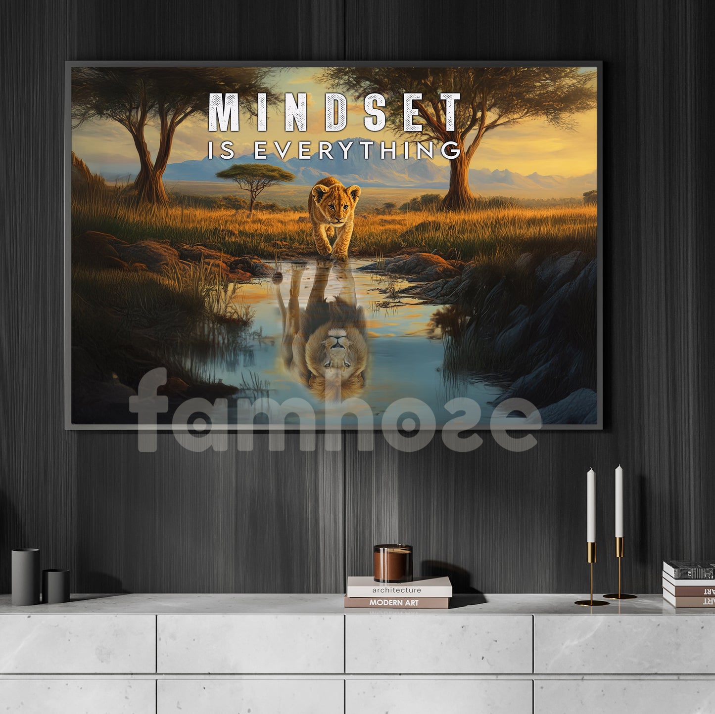 A Lion’s Reflection of Confidence Canvas Painting, Mindset Is Everything, Motivational Wall Art, Poster Gift for Decoring Office, Living Room, or Workspace