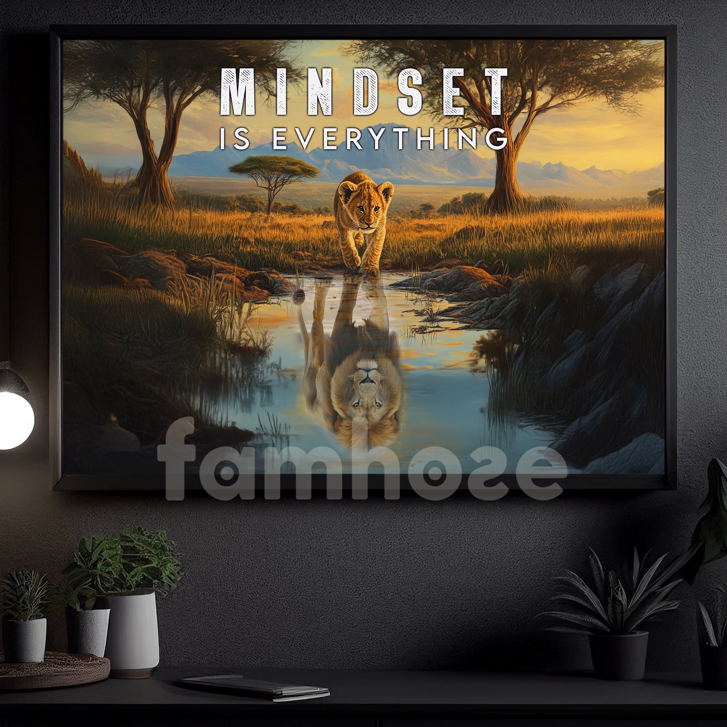 A Lion’s Reflection of Confidence Canvas Painting, Mindset Is Everything, Motivational Wall Art, Poster Gift for Decoring Office, Living Room, or Workspace