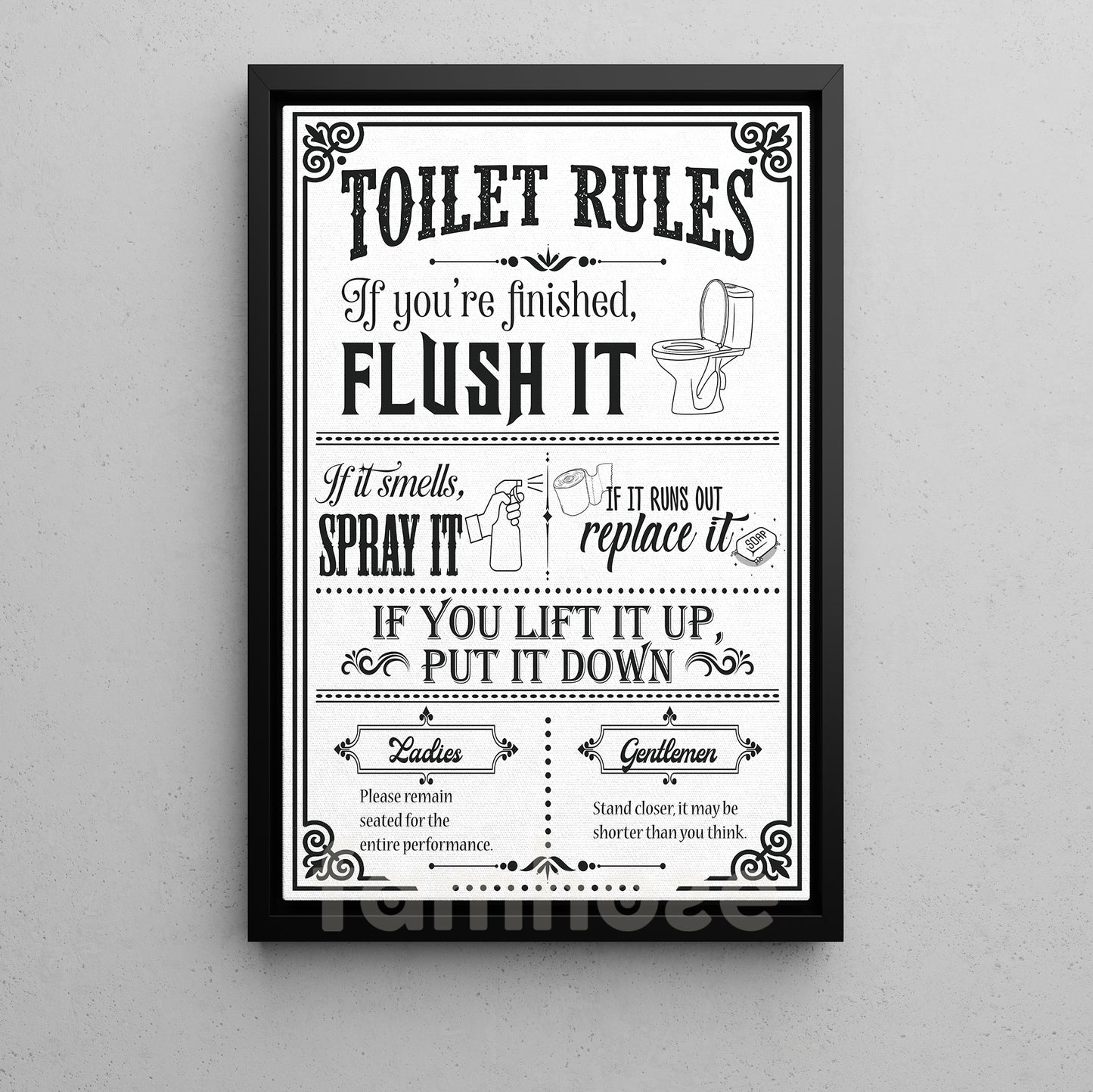 Funny Toilet Canvas Painting, Toilet Rules Bathroom Wall Art Decor, Restroom Poster Gift