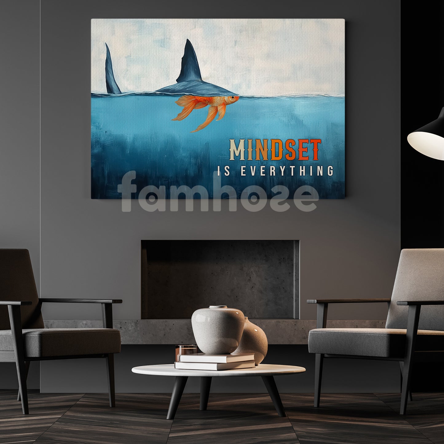 Mindset Is Everything Swim Against the Odds Canvas Painting, Motivational Wall Art, Poster Gift for Decoring Office, Living Room, or Workspace