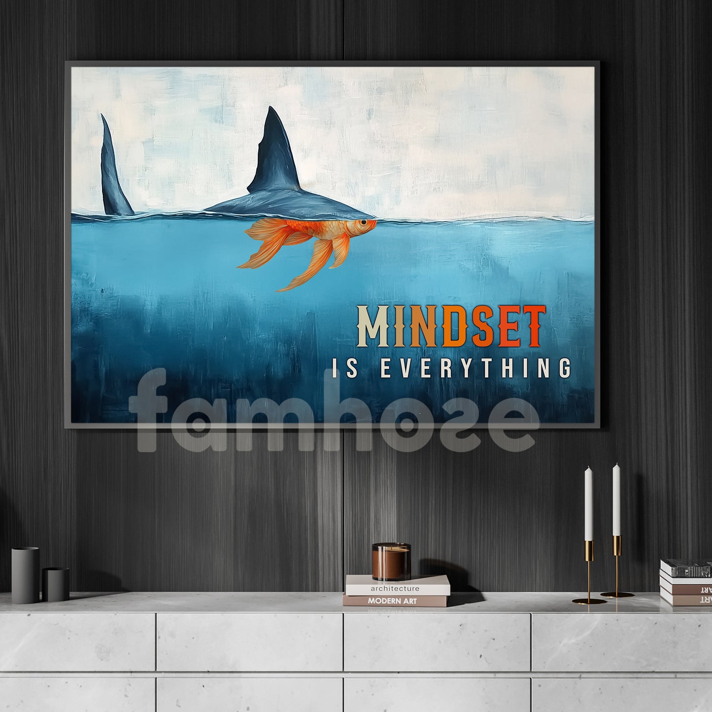 Mindset Is Everything Swim Against the Odds Canvas Painting, Motivational Wall Art, Poster Gift for Decoring Office, Living Room, or Workspace