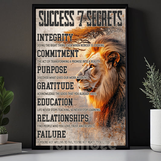 Success 7 Secrets, Motivational Lion Wall Art Decor, Inspirational Canvas Painting, Poster Gift for Decoring Office, Living Room, or Workspace
