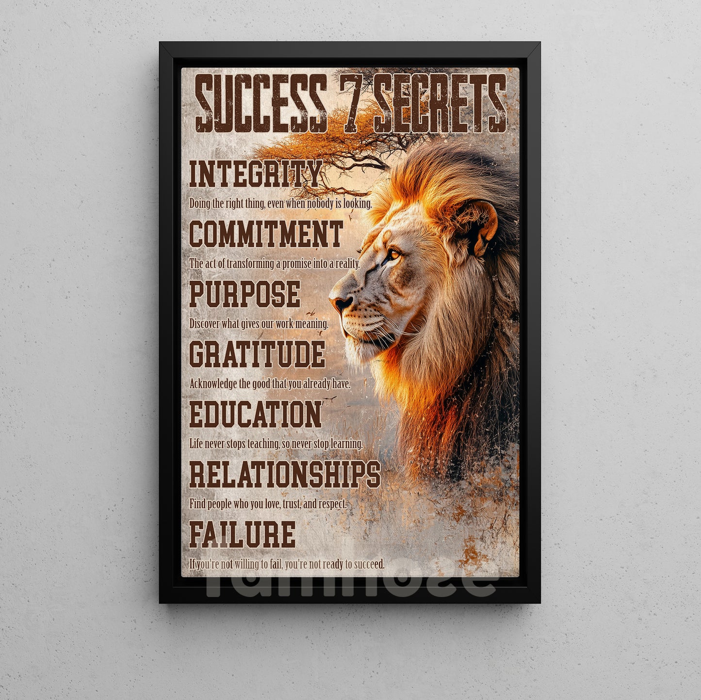 Success 7 Secrets, Motivational Lion Wall Art Decor, Inspirational Canvas Painting, Poster Gift for Decoring Office, Living Room, or Workspace