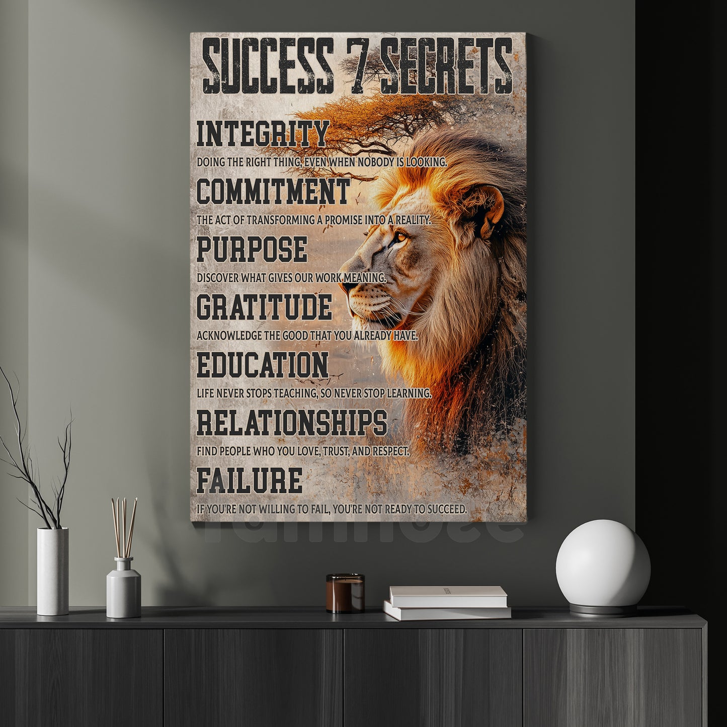 Success 7 Secrets, Motivational Lion Wall Art Decor, Inspirational Canvas Painting, Poster Gift for Decoring Office, Living Room, or Workspace