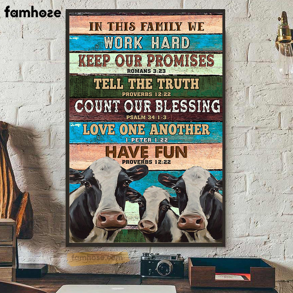 Cow Poster/Canvas, In This Family We Work Hard Count Our Blessing, Cow Canvas Wall Art, Poster Gift For Cow Lovers