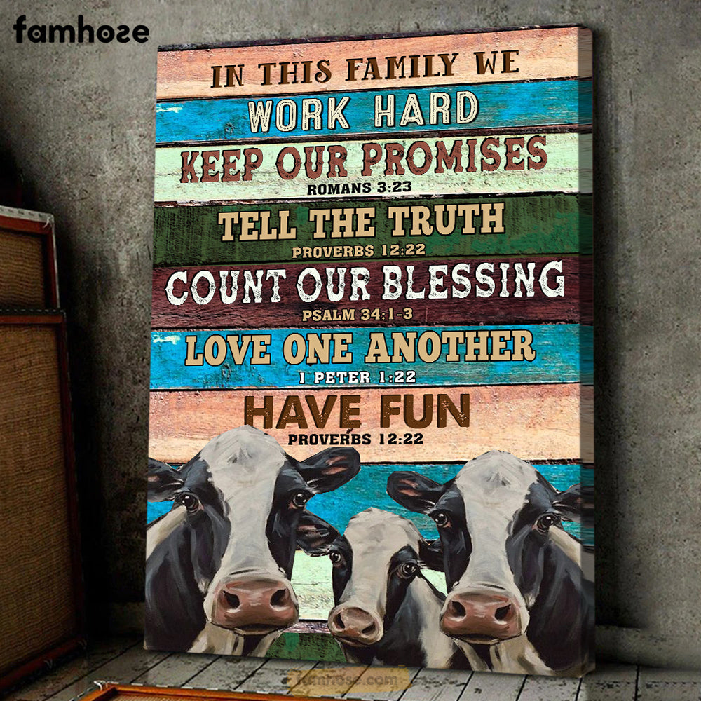 Cow Poster/Canvas, In This Family We Work Hard Count Our Blessing, Cow Canvas Wall Art, Poster Gift For Cow Lovers