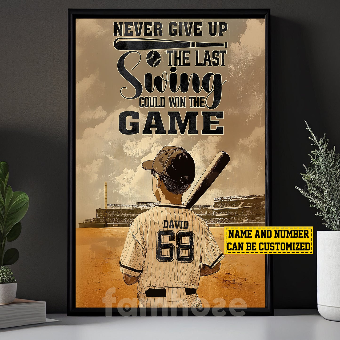 Personalized Baseball Boy Canvas Painting, Never Give Up Sports Wall Art Decor, Poster Gift For Baseball Lovers