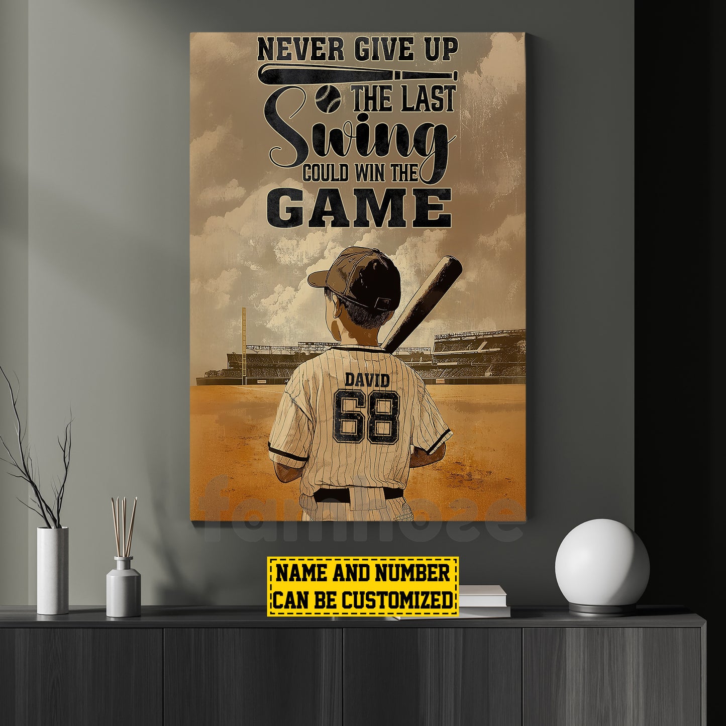 Personalized Baseball Boy Canvas Painting, Never Give Up Sports Wall Art Decor, Poster Gift For Baseball Lovers