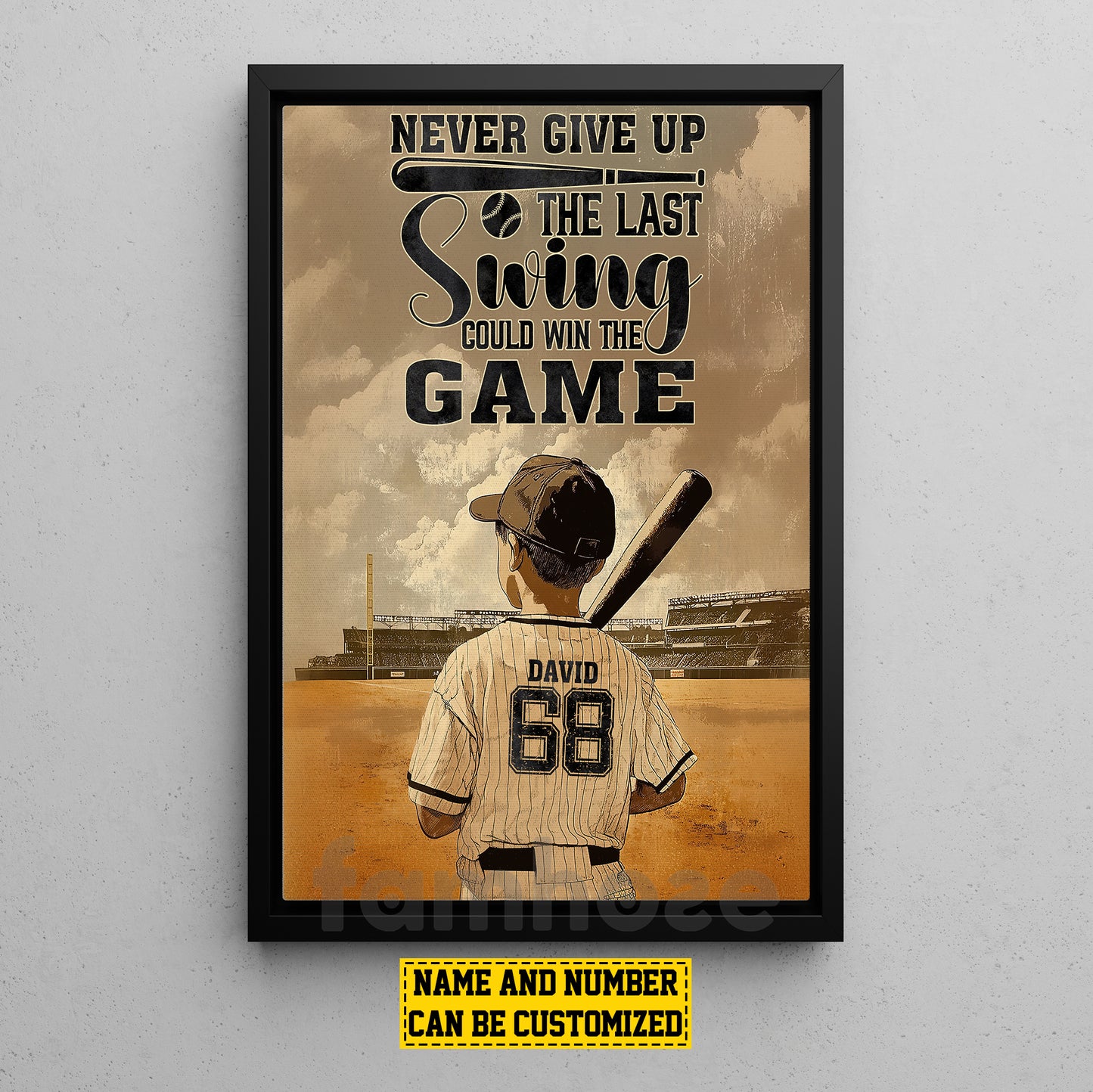 Personalized Baseball Boy Canvas Painting, Never Give Up Sports Wall Art Decor, Poster Gift For Baseball Lovers