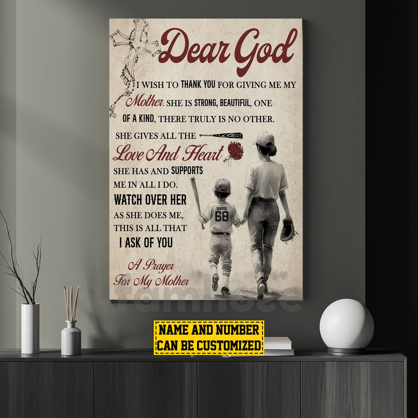 Personalized Baseball Mom Son Canvas Painting, Dear God I Wish To Thank You Sport Wall Art Decor, Poster Mother's Day Gift For Mom From Baseball Boy