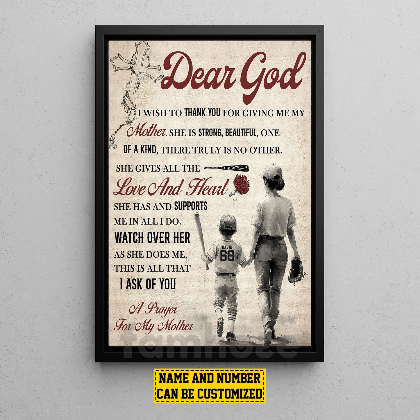 Personalized Baseball Mom Son Canvas Painting, Dear God I Wish To Thank You Sport Wall Art Decor, Poster Mother's Day Gift For Mom From Baseball Boy