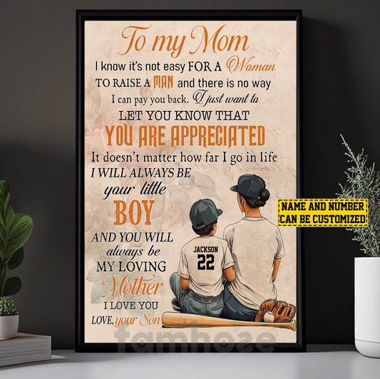 Personalized Baseball Mom Son Canvas Painting, To My Mom I Know It's Not Easy Sport Wall Art Decor, Poster Mother's Day Gift For Mom From Baseball Boy