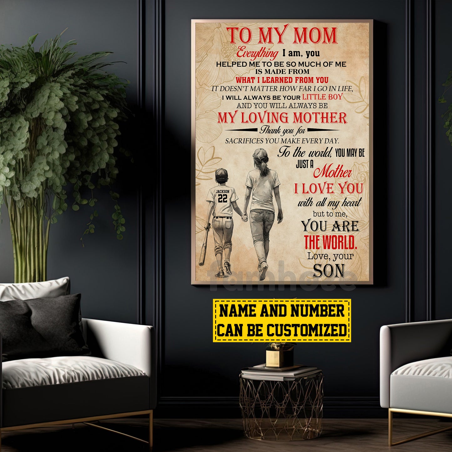 Personalized Baseball Mom Son Canvas Painting, To My Mom Everything I Am Sport Wall Art Decor, Poster Mother's Day Gift For Mom From Baseball Boy