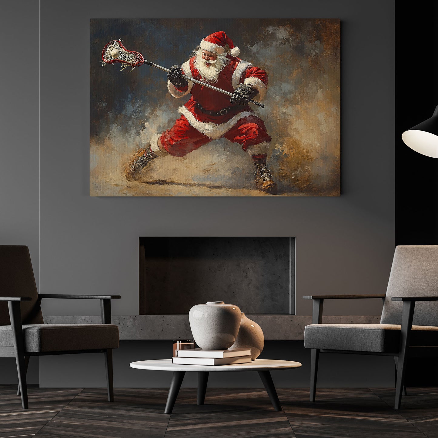 Funny Christmas Santa Claus Playing Lacrosse Canvas Painting, Lacrosse Wall Art Decor, Xmas Poster Gift For Lacrosse Lovers