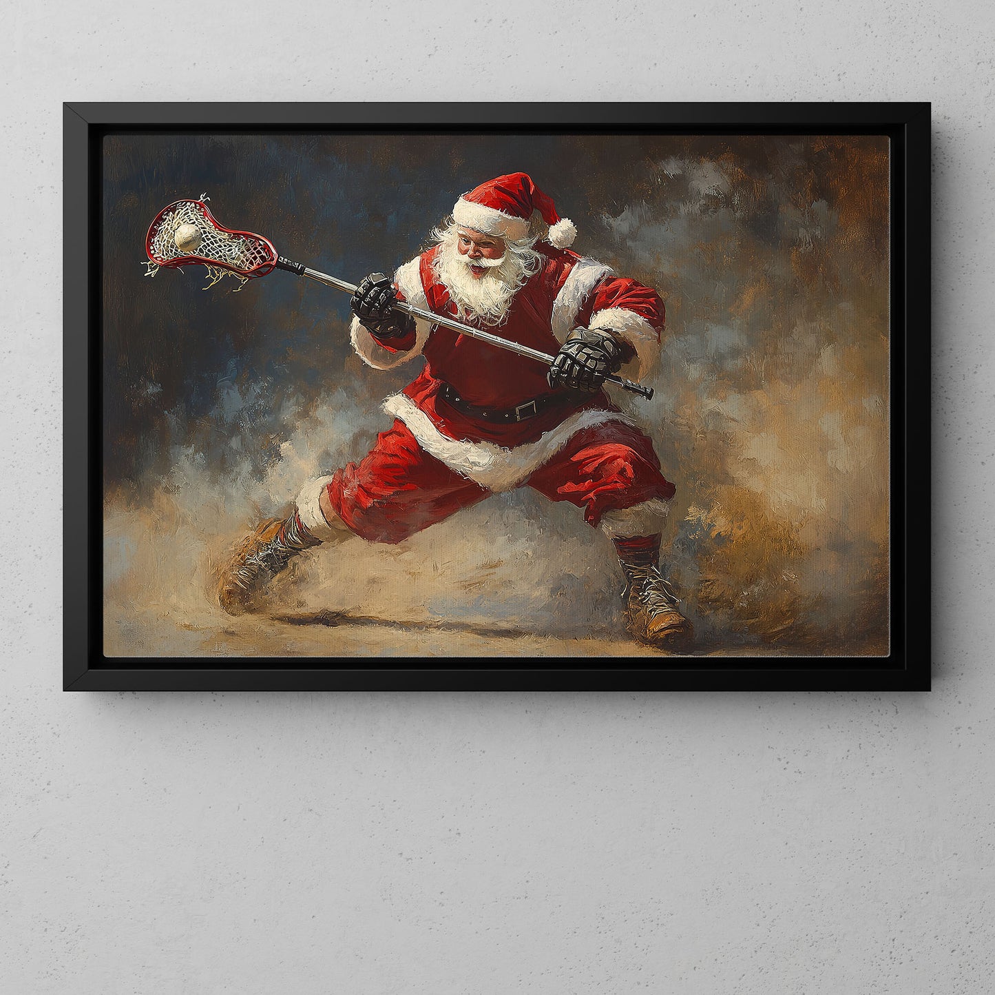 Funny Christmas Santa Claus Playing Lacrosse Canvas Painting, Lacrosse Wall Art Decor, Xmas Poster Gift For Lacrosse Lovers