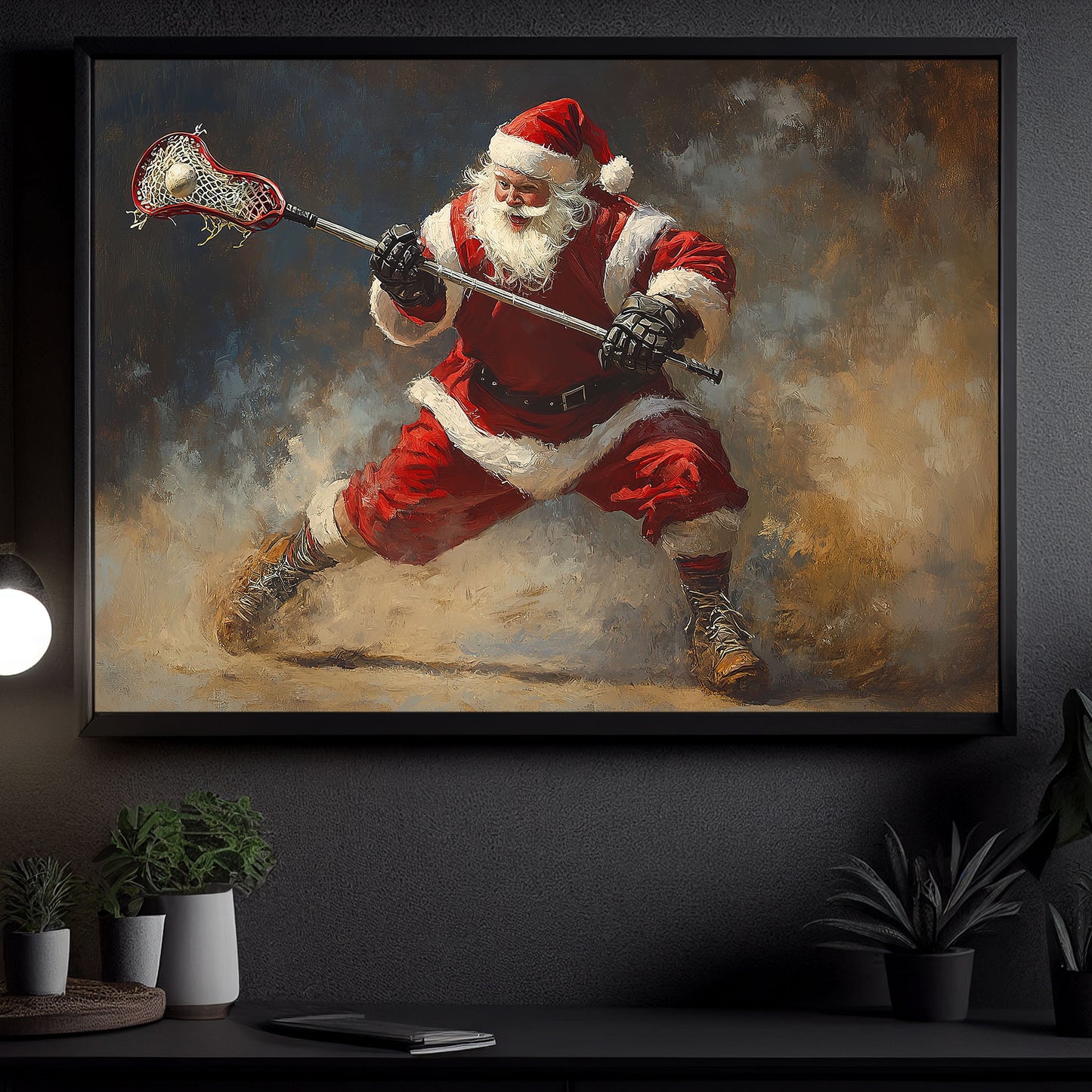 Funny Christmas Santa Claus Playing Lacrosse Canvas Painting, Lacrosse Wall Art Decor, Xmas Poster Gift For Lacrosse Lovers