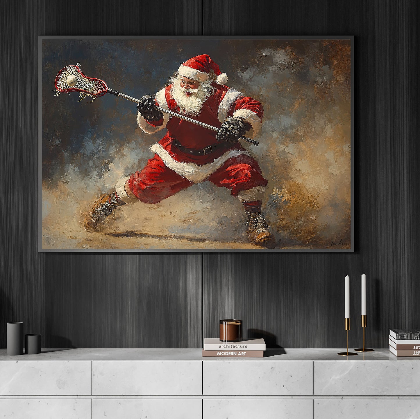 Funny Christmas Santa Claus Playing Lacrosse Canvas Painting, Lacrosse Wall Art Decor, Xmas Poster Gift For Lacrosse Lovers