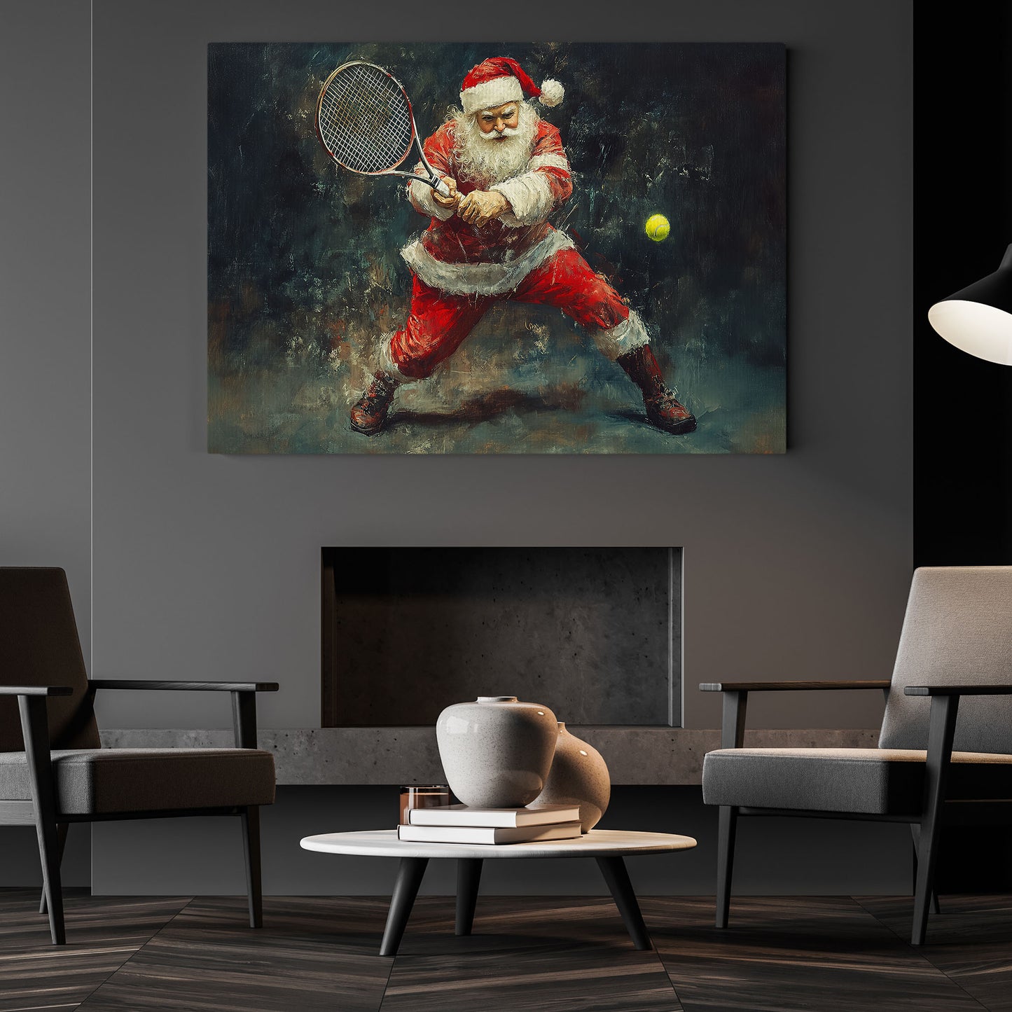 Funny Christmas Santa Claus Playing Tennis Canvas Painting, Tennis Wall Art Decor, Xmas Poster Gift For Tennis Lovers