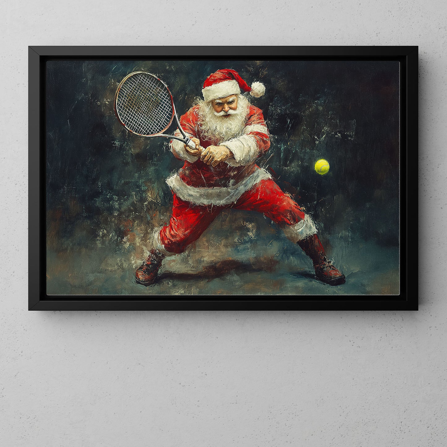 Funny Christmas Santa Claus Playing Tennis Canvas Painting, Tennis Wall Art Decor, Xmas Poster Gift For Tennis Lovers