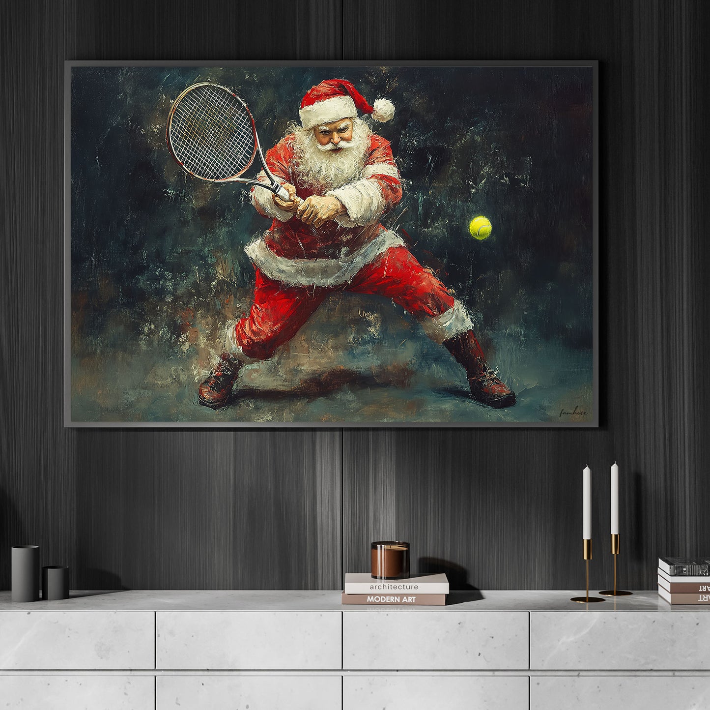 Funny Christmas Santa Claus Playing Tennis Canvas Painting, Tennis Wall Art Decor, Xmas Poster Gift For Tennis Lovers