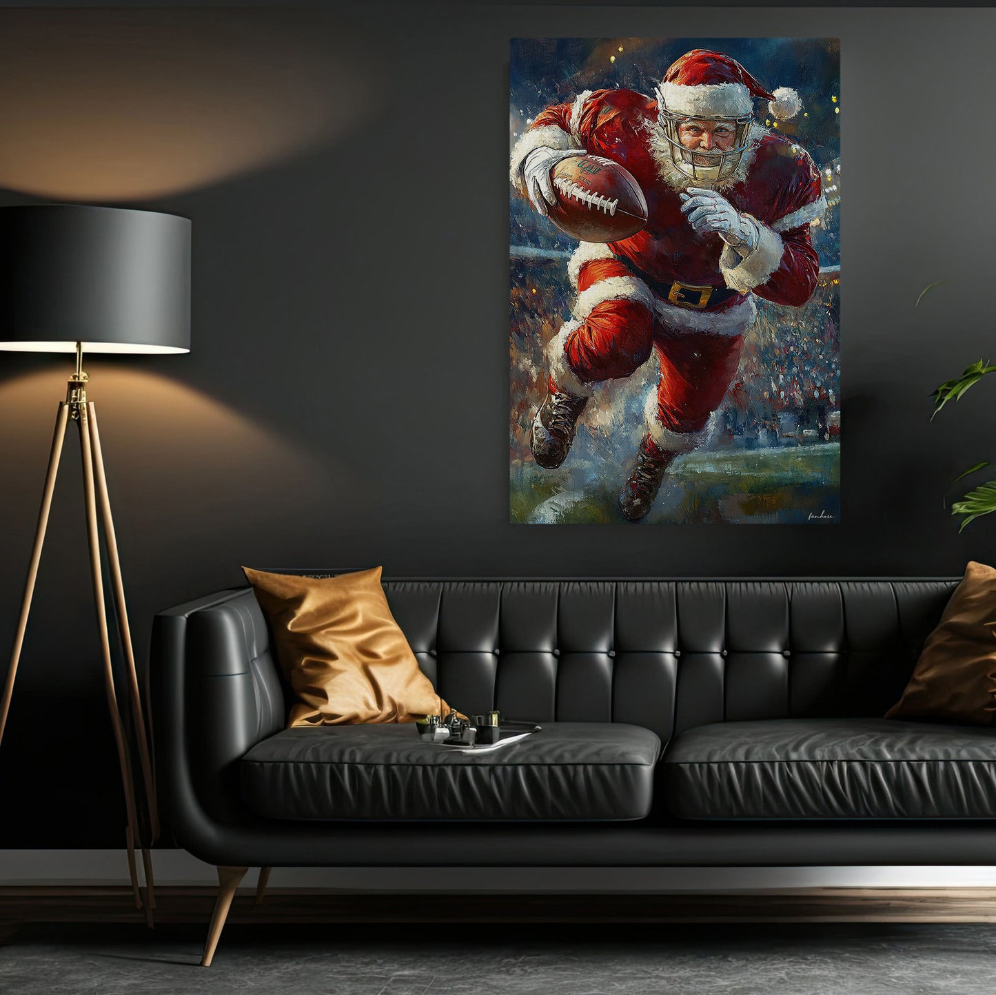 Funny Christmas Santa On The Field Football Canvas Painting, Sports Wall Art Decor, Xmas Poster Gift For Football Lovers