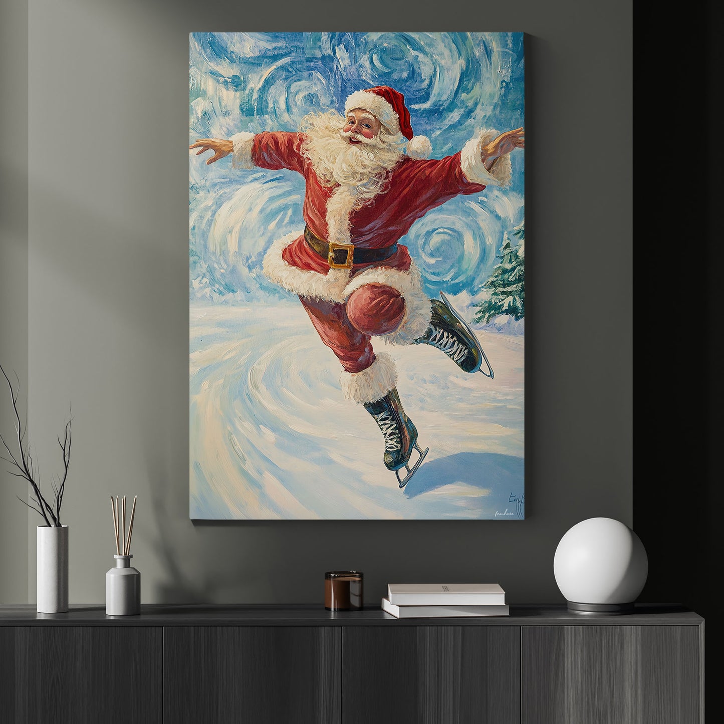 Funny Christmas Santa Claus Playing Ice Skating Canvas Painting, Sports Wall Art Decor, Xmas Poster Gift For Ice Skating Lovers