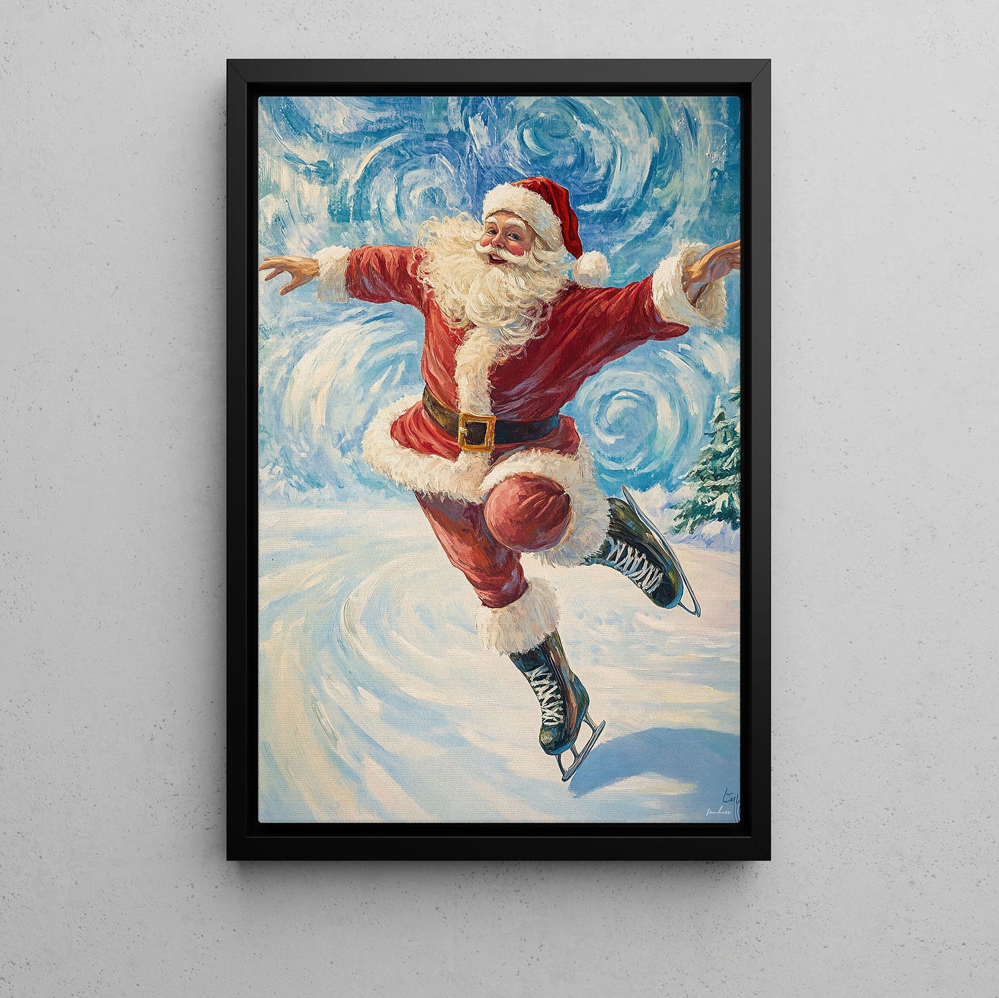 Funny Christmas Santa Claus Playing Ice Skating Canvas Painting, Sports Wall Art Decor, Xmas Poster Gift For Ice Skating Lovers