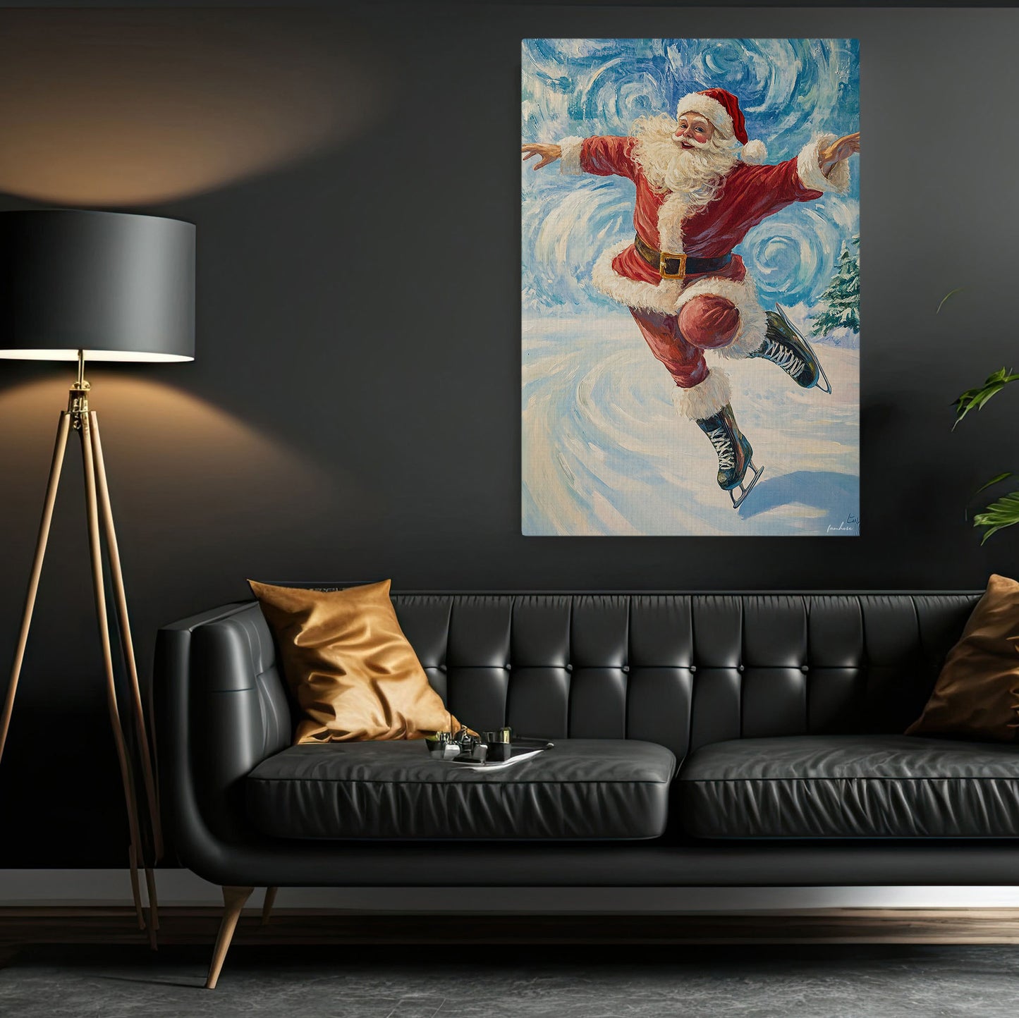 Funny Christmas Santa Claus Playing Ice Skating Canvas Painting, Sports Wall Art Decor, Xmas Poster Gift For Ice Skating Lovers