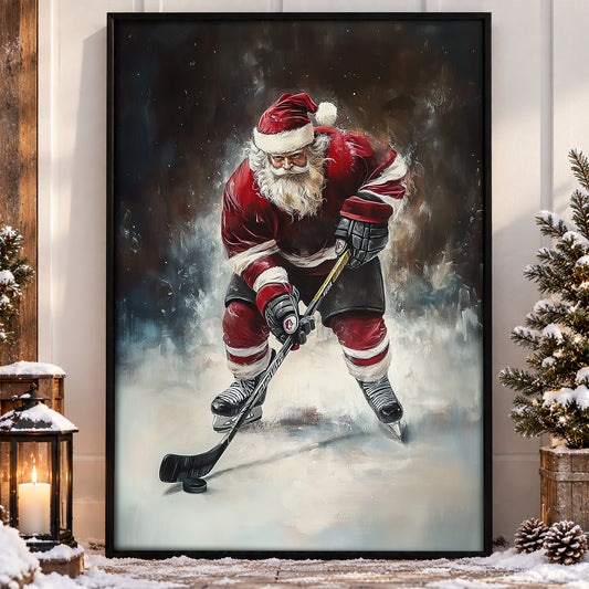 Funny Christmas Santa Claus Playing Hockey Canvas Painting, Sports Wall Art Decor, Xmas Poster Gift For Hockey Lovers