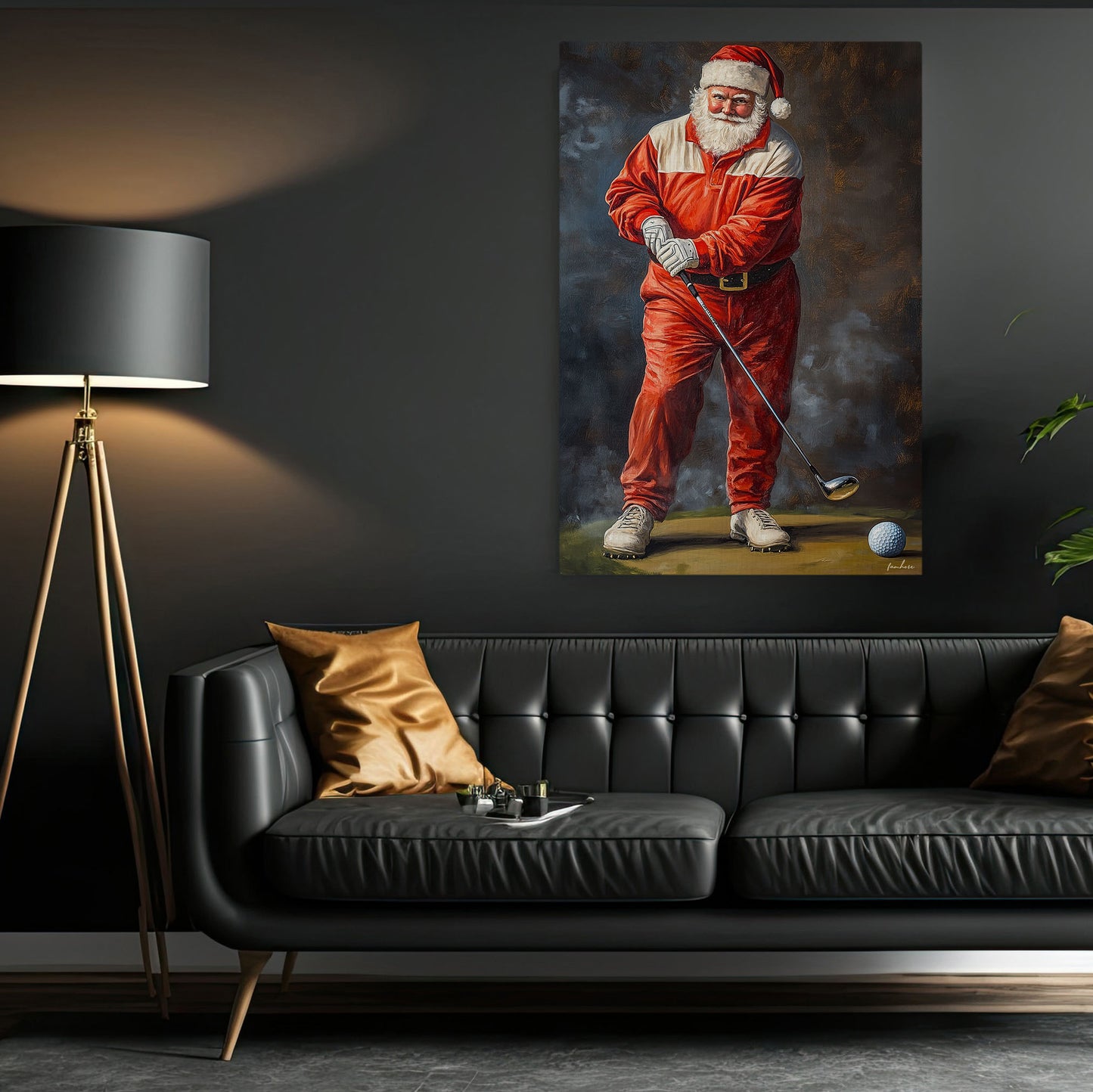 Funny Christmas Santa Claus Playing Golf Canvas Painting, Golf Wall Art Decor, Xmas Poster Gift For Golf Lovers