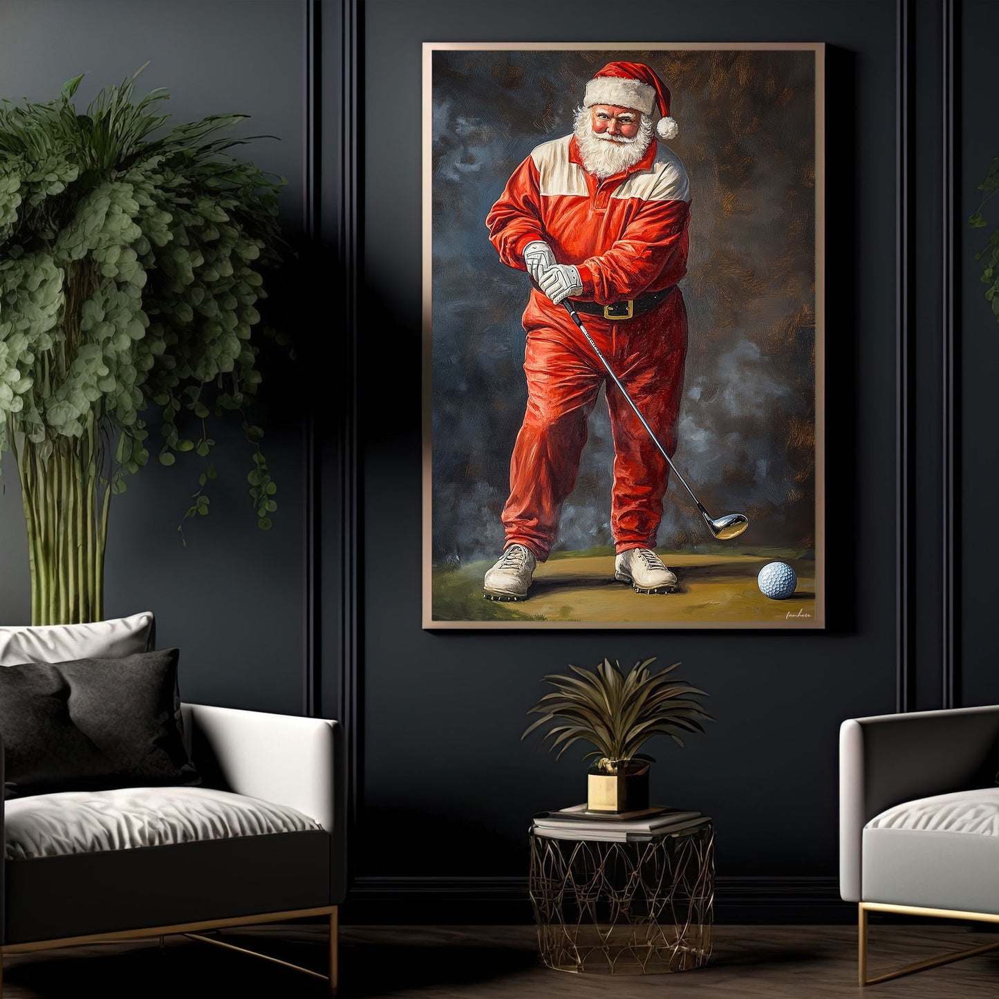 Funny Christmas Santa Claus Playing Golf Canvas Painting, Golf Wall Art Decor, Xmas Poster Gift For Golf Lovers