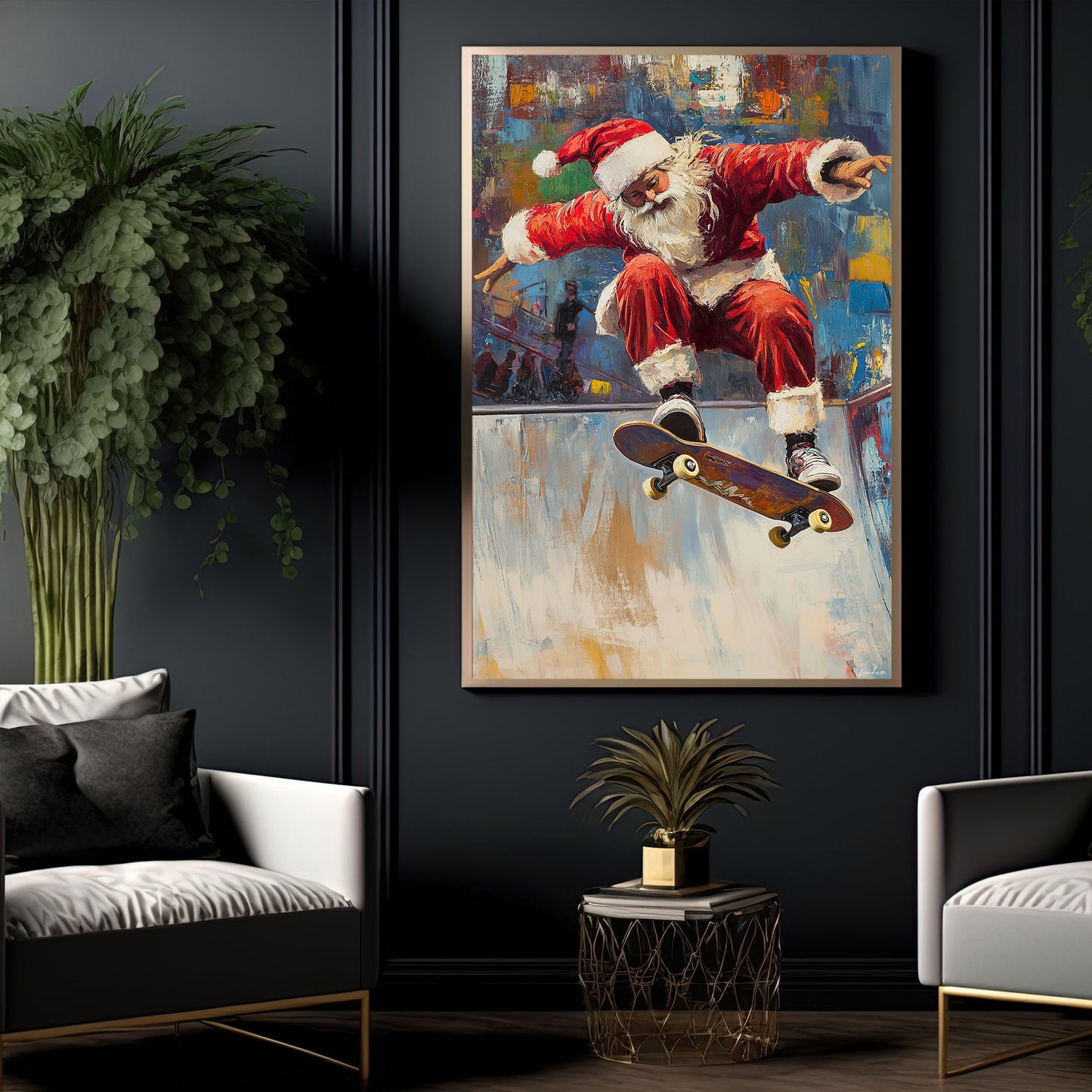 Funny Christmas Santa Claus Playing Skateboarding Canvas Painting, Sports Wall Art Decor, Xmas Poster Gift For Skateboarding Lovers