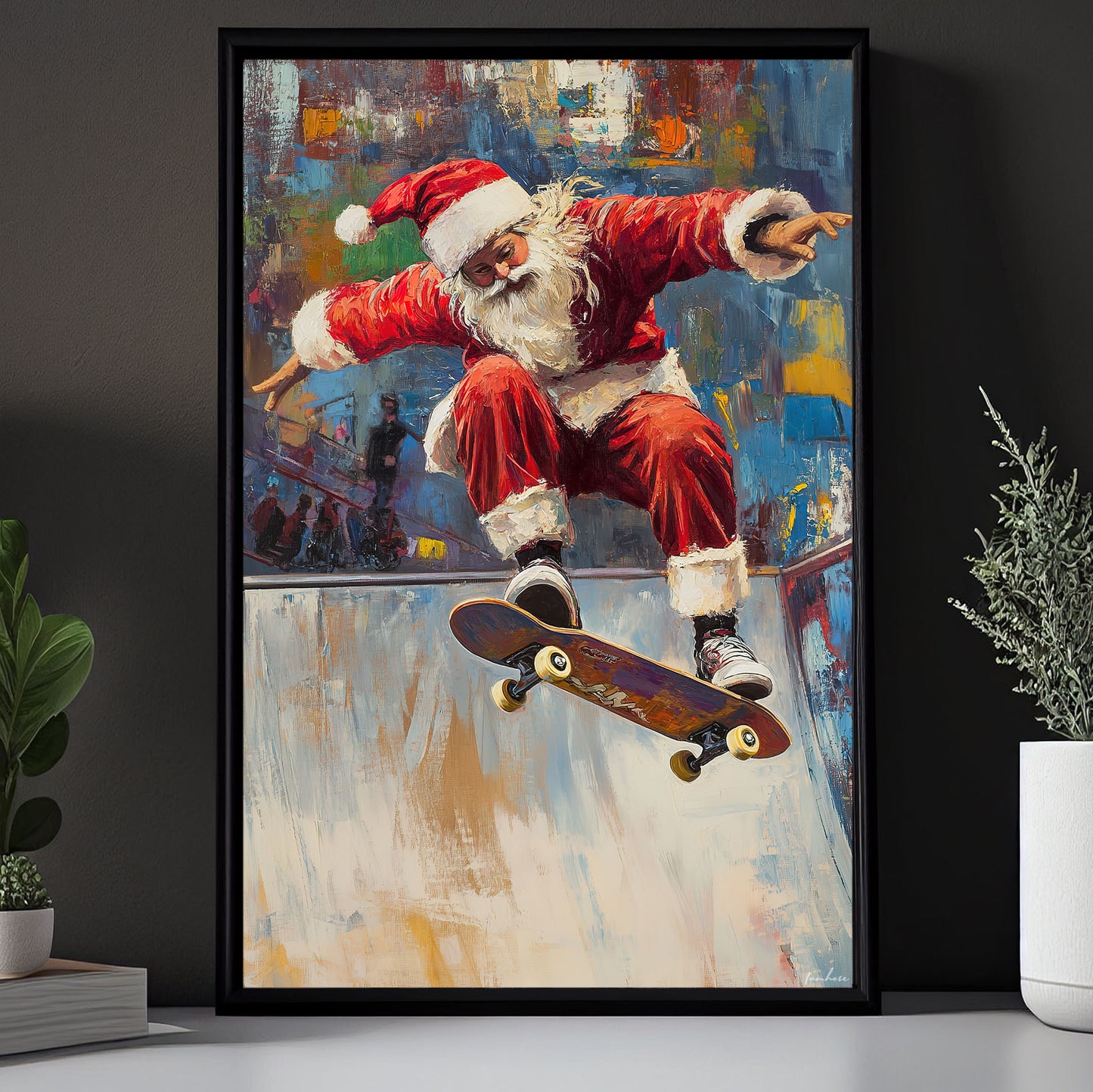 Funny Christmas Santa Claus Playing Skateboarding Canvas Painting, Sports Wall Art Decor, Xmas Poster Gift For Skateboarding Lovers