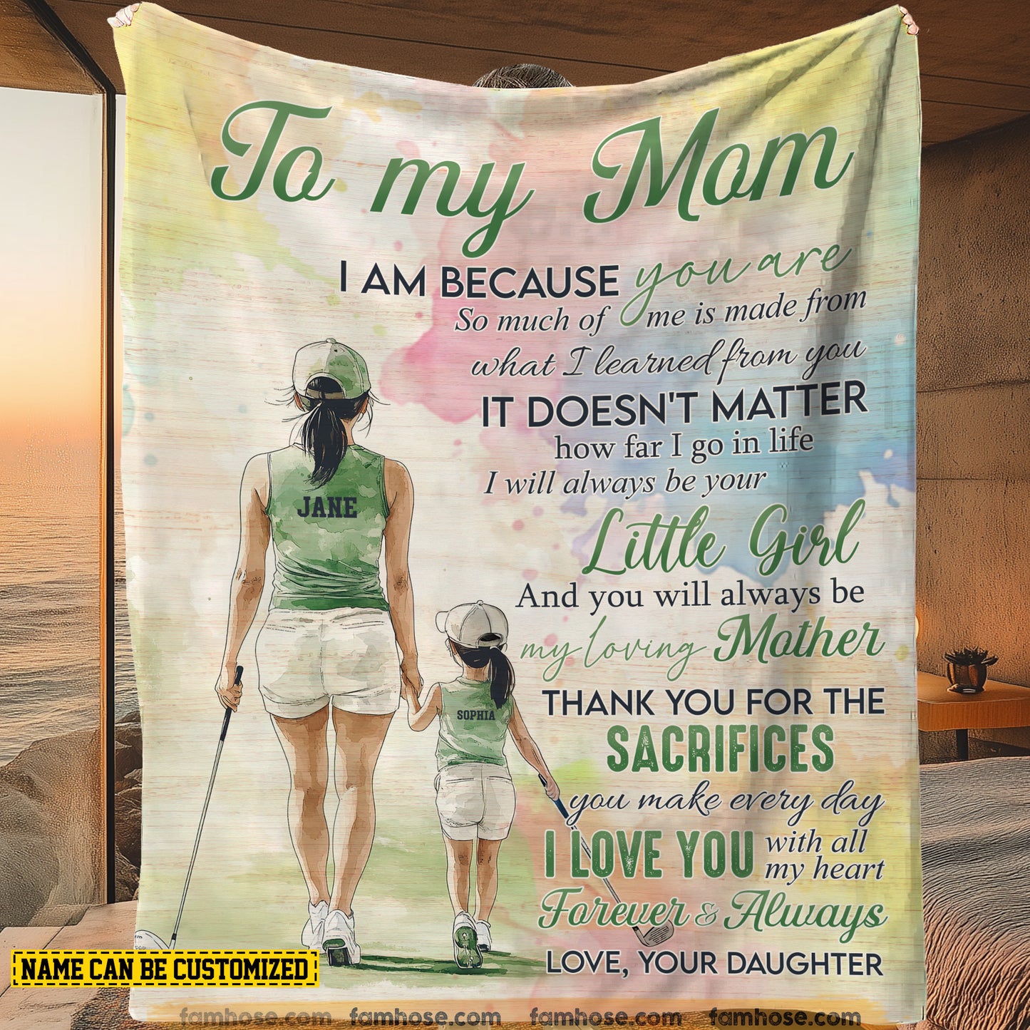 Personalized Golf Mom & Daughter Fleece Blanket, To My Mom I Am Because You Are Woven Blanket, Sherpa Blanket Mother's Day Gift For Mom From Golf Girl