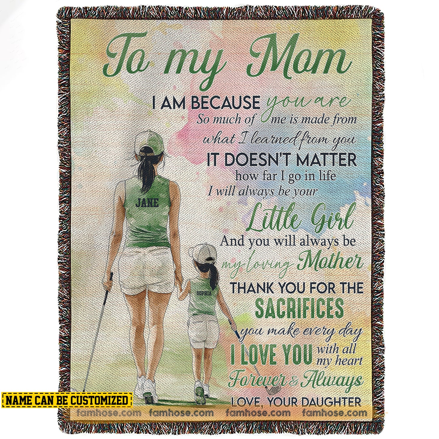 Personalized Golf Mom & Daughter Fleece Blanket, To My Mom I Am Because You Are Woven Blanket, Sherpa Blanket Mother's Day Gift For Mom From Golf Girl