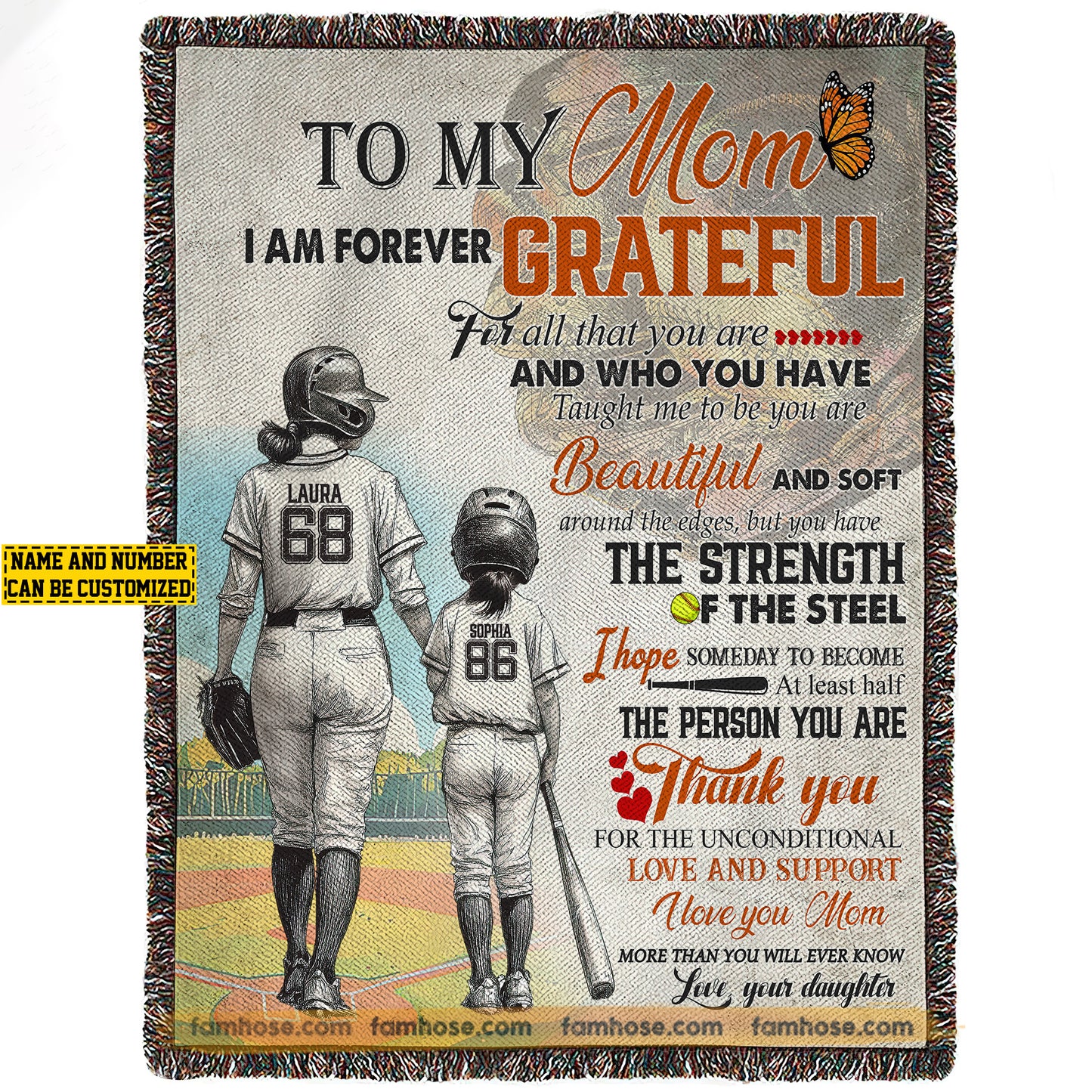 Personalized Softball Mom Daughter Fleece Blanket, To My Mom I Am Forever Grateful Sport Woven Blanket, Cool Sherpa Blanket Mother's Day Gift For Mom From Softball Girl