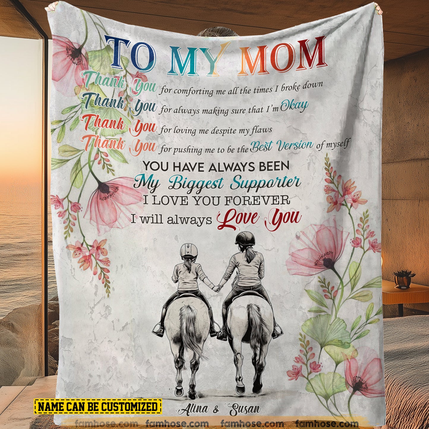 Personalized Horse Riding Mom Daughter Fleece Blanket, To My Mom Thank You Woven Blanket, Cool Sherpa Blanket Mother's Day Gift For Mom From Horse Girl